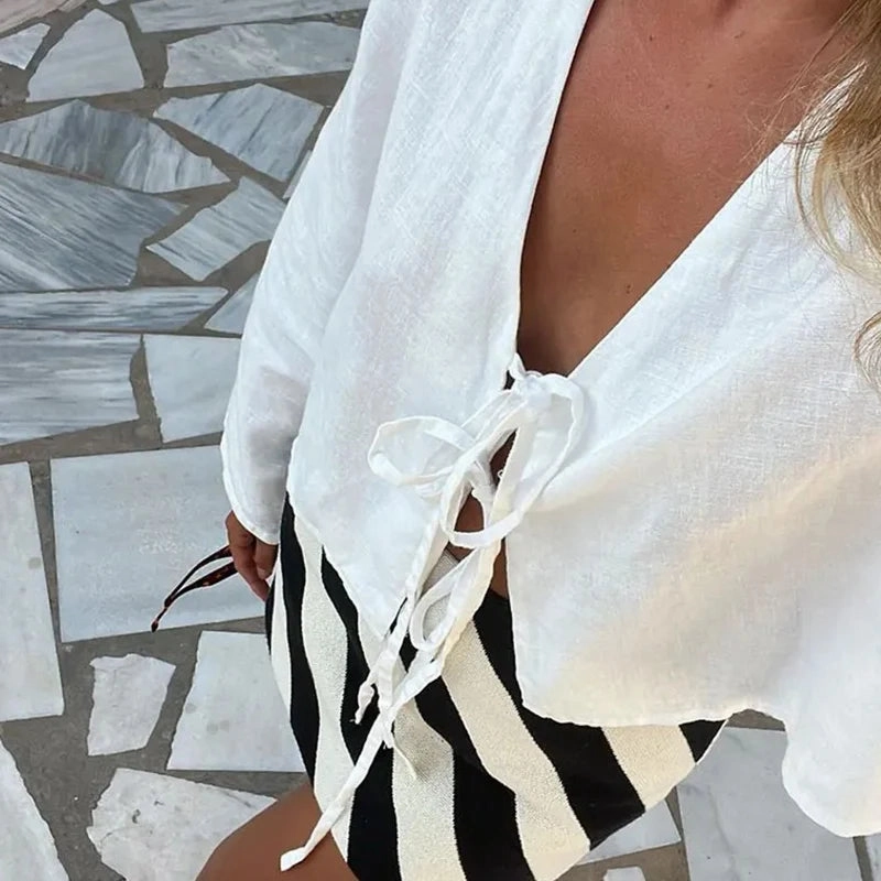 Elegant V Neck Lace-Up Bow Shirt for Women - Flare Sleeve Casual Top for Spring/Summer Fashion
