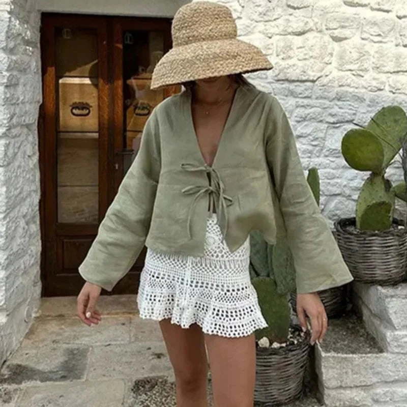 Elegant V Neck Lace-Up Bow Shirt for Women - Flare Sleeve Casual Top for Spring/Summer Fashion