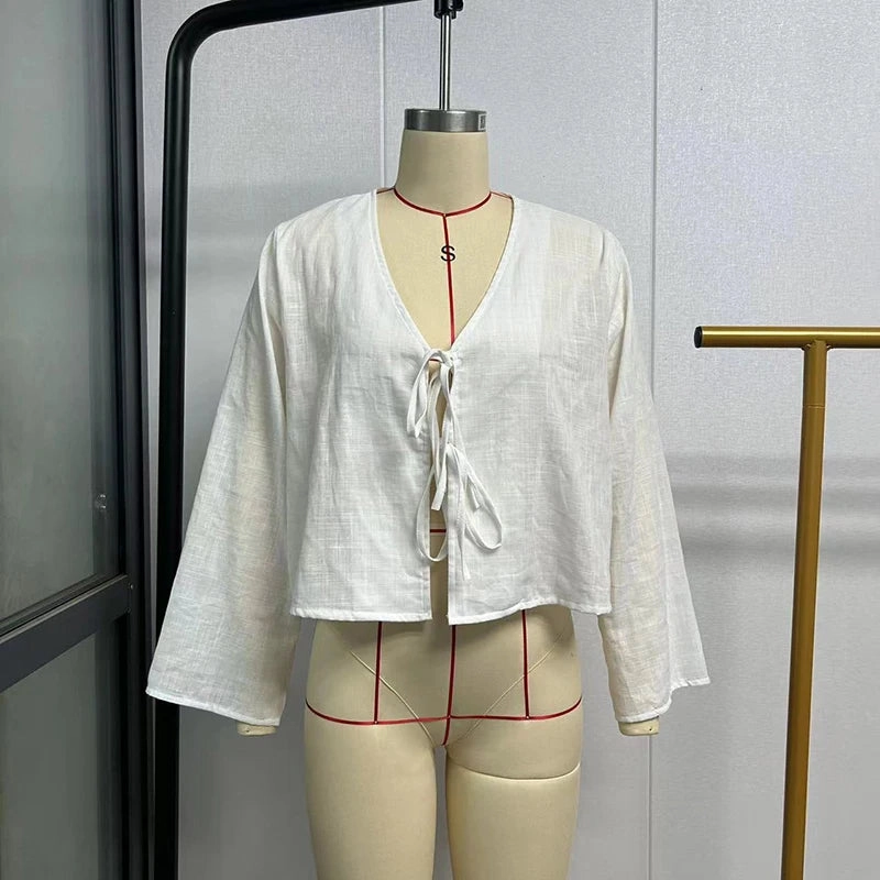 Elegant V Neck Lace-Up Bow Shirt for Women - Flare Sleeve Casual Top for Spring/Summer Fashion