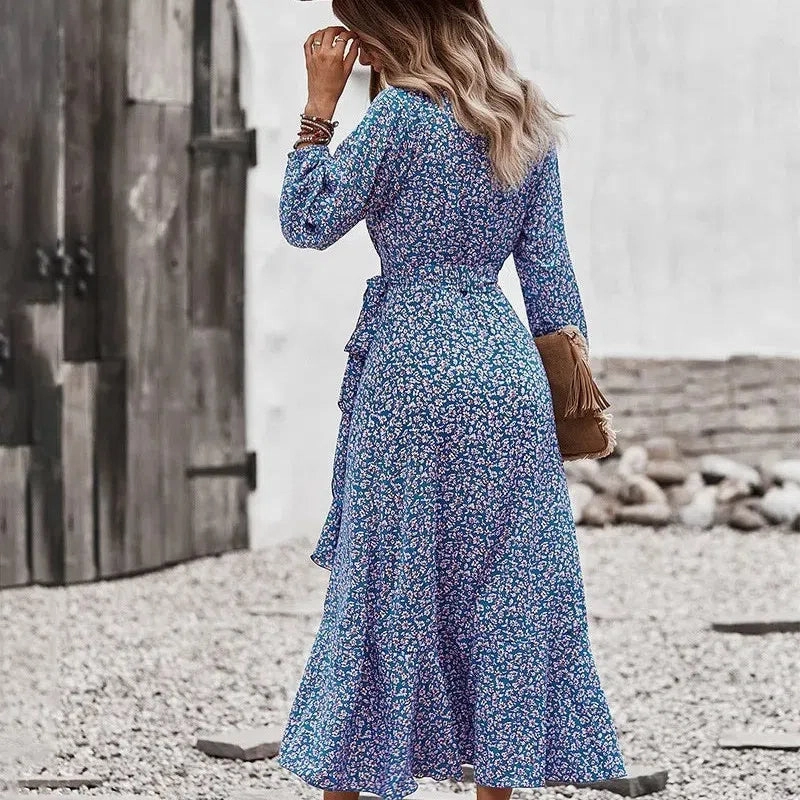 Elegant V-Neck Printed A-Line Dress with Swing Skirt and Tie Detail for Spring/Summer Casual Outings