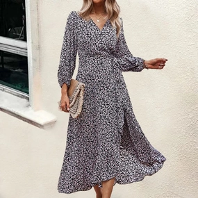 Elegant V-Neck Printed A-Line Dress with Swing Skirt and Tie Detail for Spring/Summer Casual Outings
