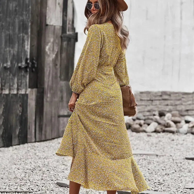Elegant V-Neck Printed A-Line Dress with Swing Skirt and Tie Detail for Spring/Summer Casual Outings