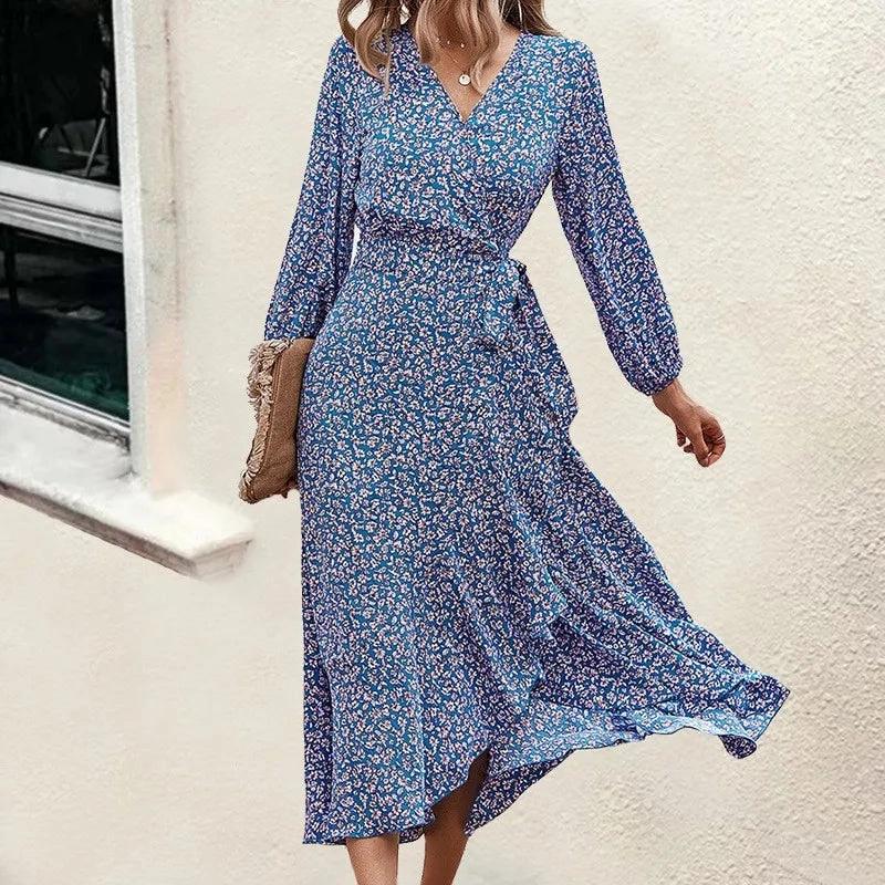 Elegant V-Neck Printed A-Line Dress with Swing Skirt and Tie Detail for Spring/Summer Casual Outings