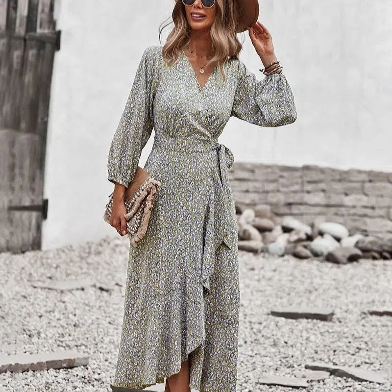 Elegant V-Neck Printed A-Line Dress with Swing Skirt and Tie Detail for Spring/Summer Casual Outings