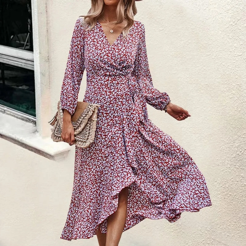 Elegant V-Neck Printed A-Line Dress with Swing Skirt and Tie Detail for Spring/Summer Casual Outings