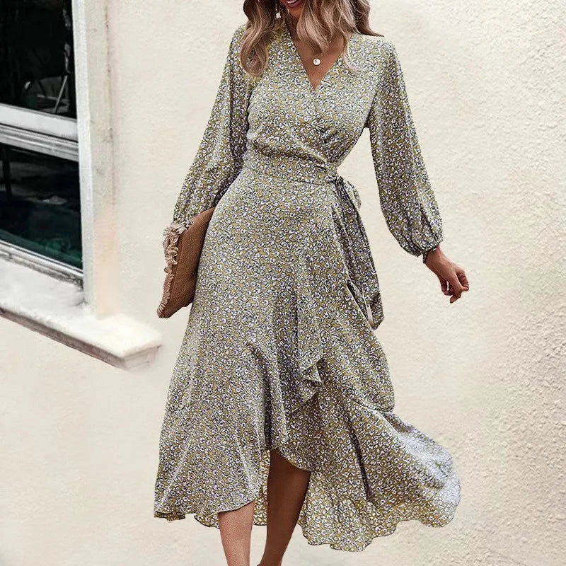 Elegant V-Neck Printed A-Line Dress with Swing Skirt and Tie Detail for Spring/Summer Casual Outings