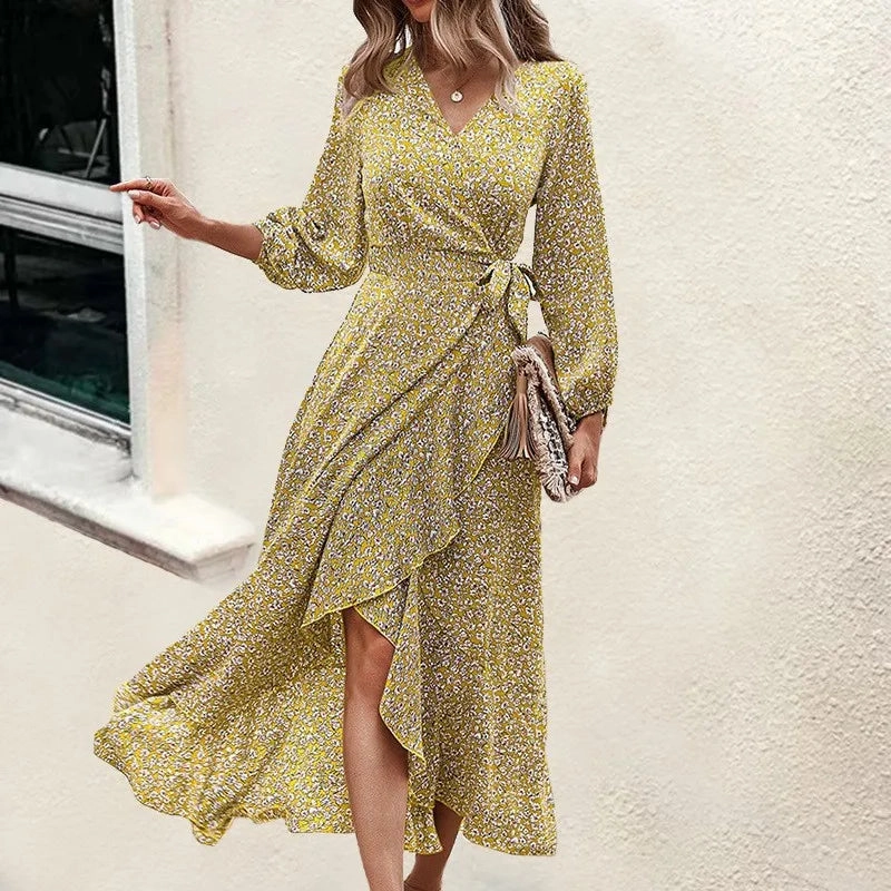 Elegant V-Neck Printed A-Line Dress with Swing Skirt and Tie Detail for Spring/Summer Casual Outings