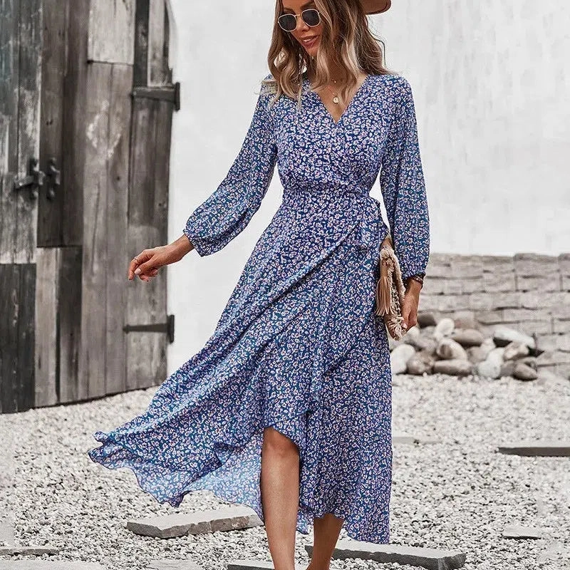 Elegant V-Neck Printed A-Line Dress with Swing Skirt and Tie Detail for Spring/Summer Casual Outings