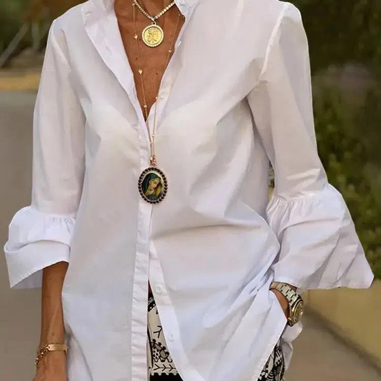 Elegant Women's Flare Sleeve V-Neck Blouse - Chic Office & Casual Tunic Top with Button Detail