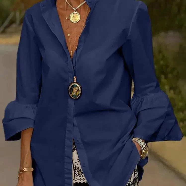 Elegant Women's Flare Sleeve V-Neck Blouse - Chic Office & Casual Tunic Top with Button Detail
