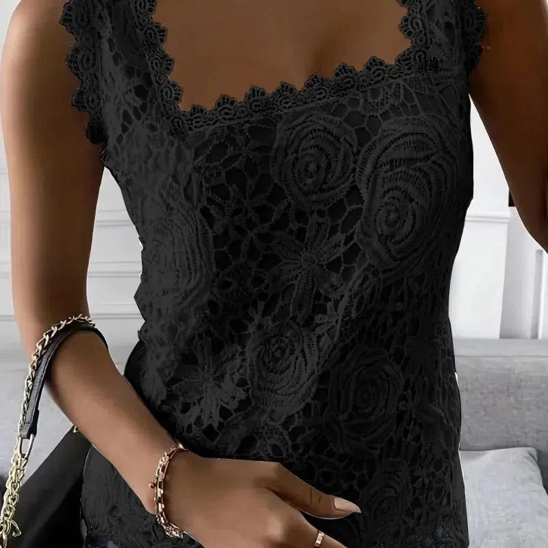 Elegant Women's Lace Summer Tank Top - Sweet Style Square Neck Sleeveless Tee for Casual Commuter Wear