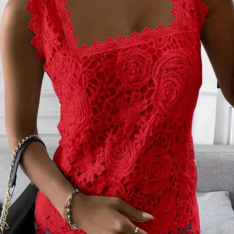Elegant Women's Lace Summer Tank Top - Sweet Style Square Neck Sleeveless Tee for Casual Commuter Wear