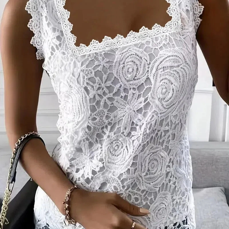 Elegant Women's Lace Summer Tank Top - Sweet Style Square Neck Sleeveless Tee for Casual Commuter Wear