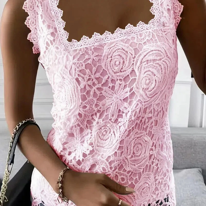 Elegant Women's Lace Summer Tank Top - Sweet Style Square Neck Sleeveless Tee for Casual Commuter Wear