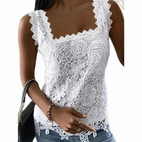 Elegant Women's Lace Summer Tank Top - Sweet Style Square Neck Sleeveless Tee for Casual Commuter Wear