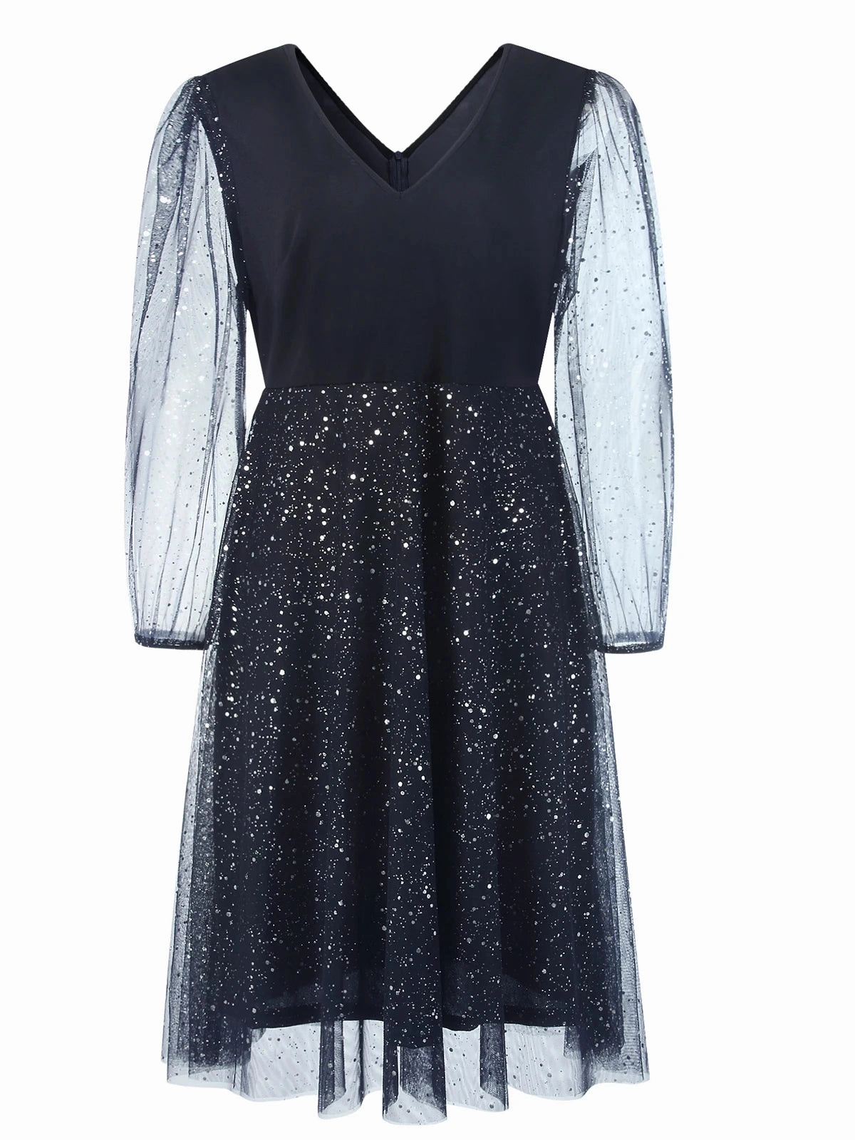Elegant Women??s Sexy V Neck Sequin Midi Dress with Sheer Mesh Sleeves for Parties Plus Size Gown