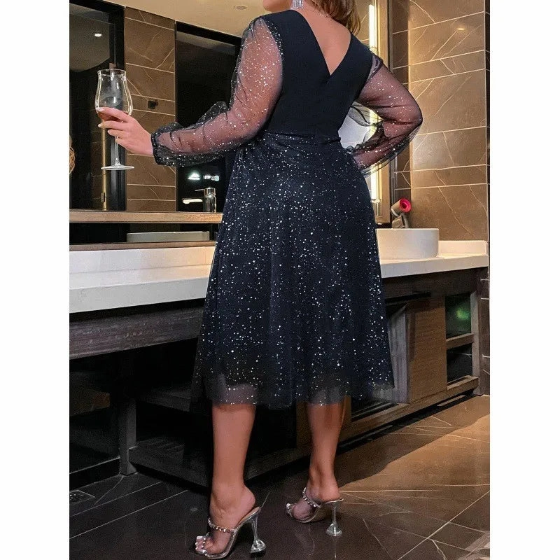 Elegant Women??s Sexy V Neck Sequin Midi Dress with Sheer Mesh Sleeves for Parties Plus Size Gown