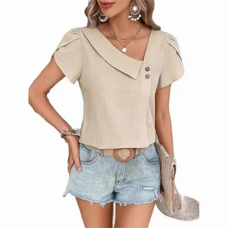 Elegant Women's V-Neck Pullover Blouse with Petal Short Sleeves and Button Detail - Casual Summer Top in Solid Colors