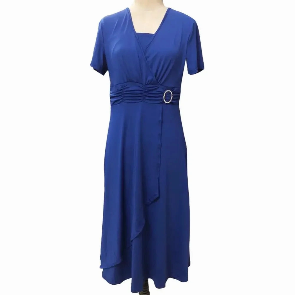 Elegant Women Solid Color Short Sleeve V Neck Midi Dress