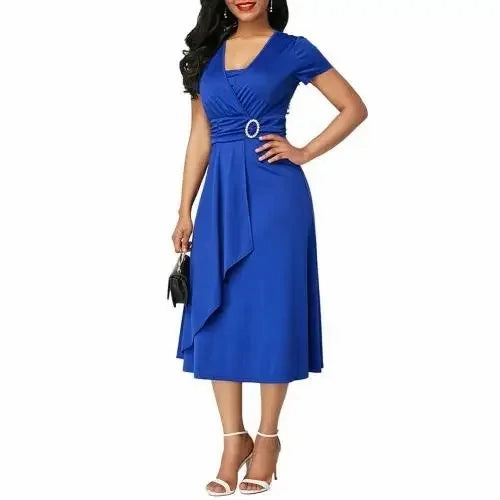 Elegant Women Solid Color Short Sleeve V Neck Midi Dress