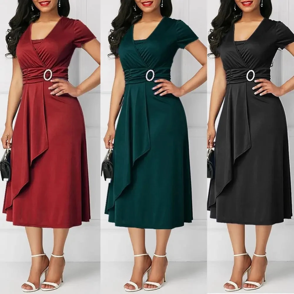 Elegant Women Solid Color Short Sleeve V Neck Midi Dress