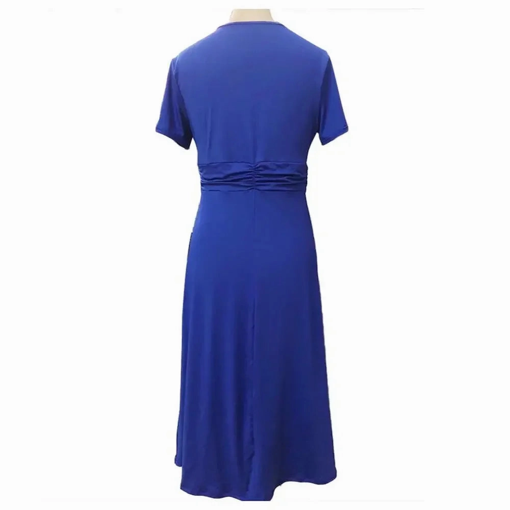 Elegant Women Solid Color Short Sleeve V Neck Midi Dress