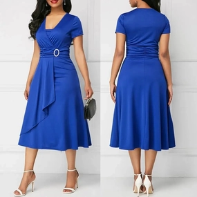 Elegant Women Solid Color Short Sleeve V Neck Midi Dress