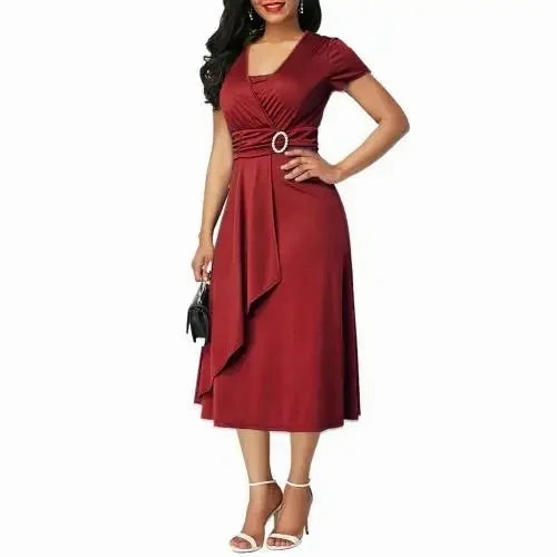 Elegant Women Solid Color Short Sleeve V Neck Midi Dress