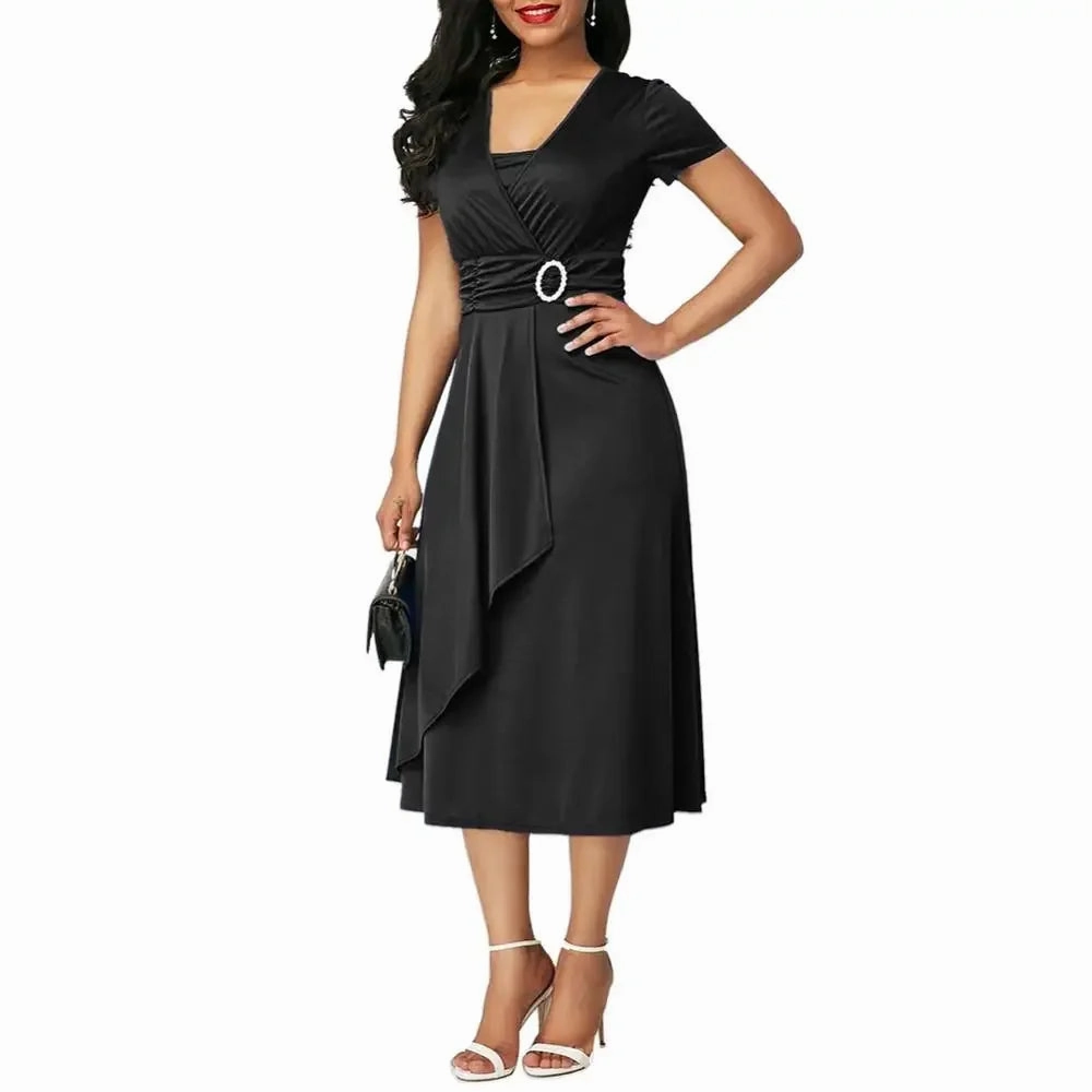 Elegant Women Solid Color Short Sleeve V Neck Midi Dress