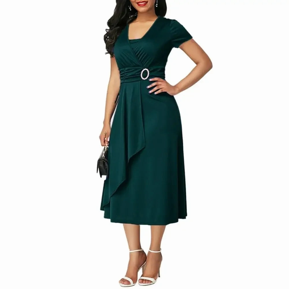 Elegant Women Solid Color Short Sleeve V Neck Midi Dress