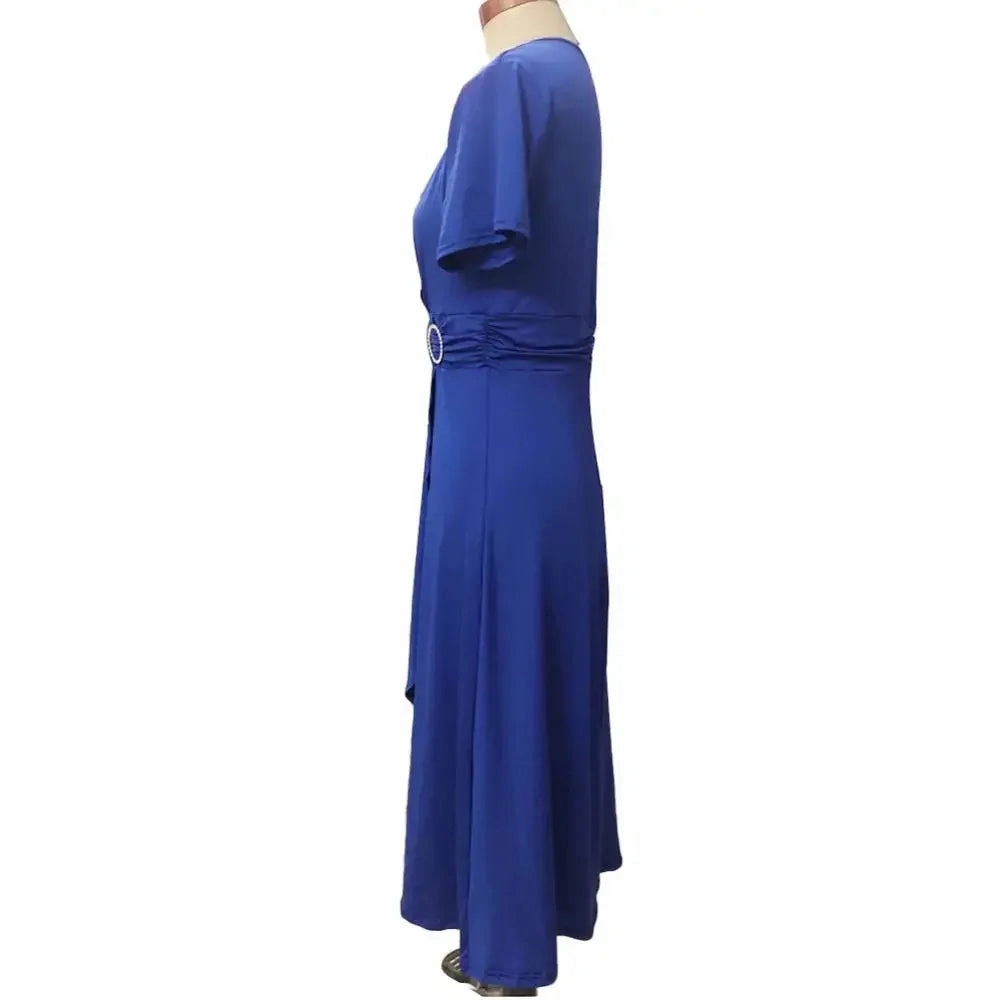 Elegant Women Solid Color Short Sleeve V Neck Midi Dress