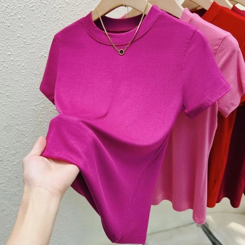 Elevate Your Summer Style: Plus Size Slim Fit Women's Casual Crew Neck T-Shirt - Short Sleeve Solid Tees for Effortless Chic