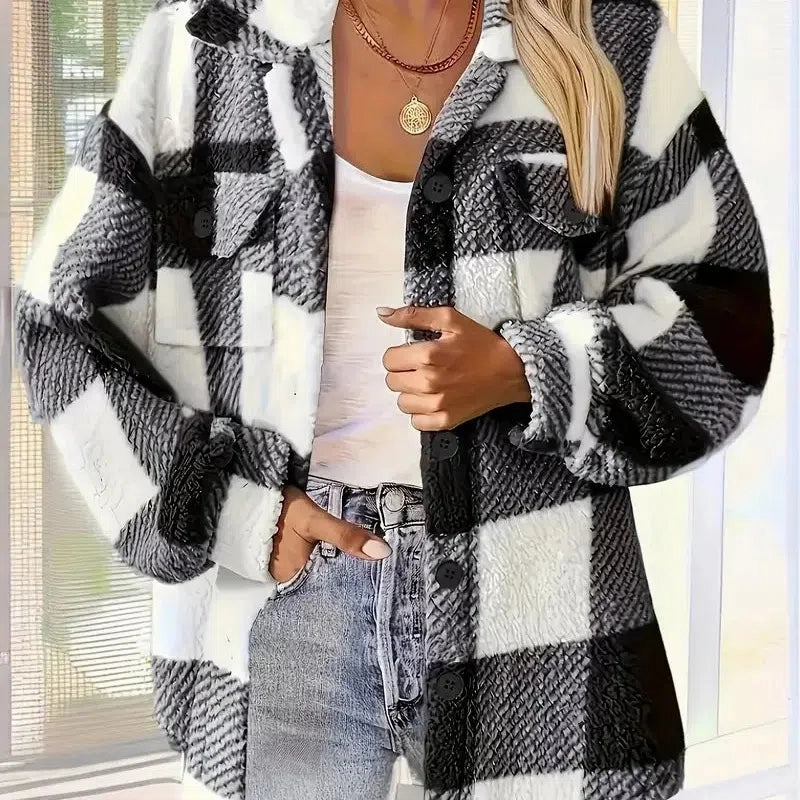 Europe and the United States Autumn and Winter Lapel Plaid Coat