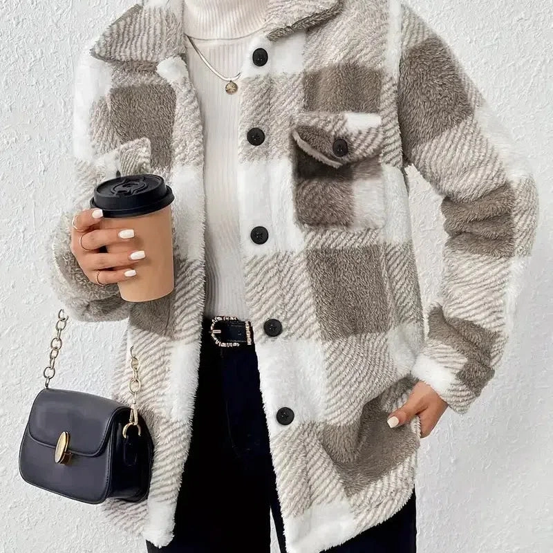 Europe and the United States Autumn and Winter Lapel Plaid Coat