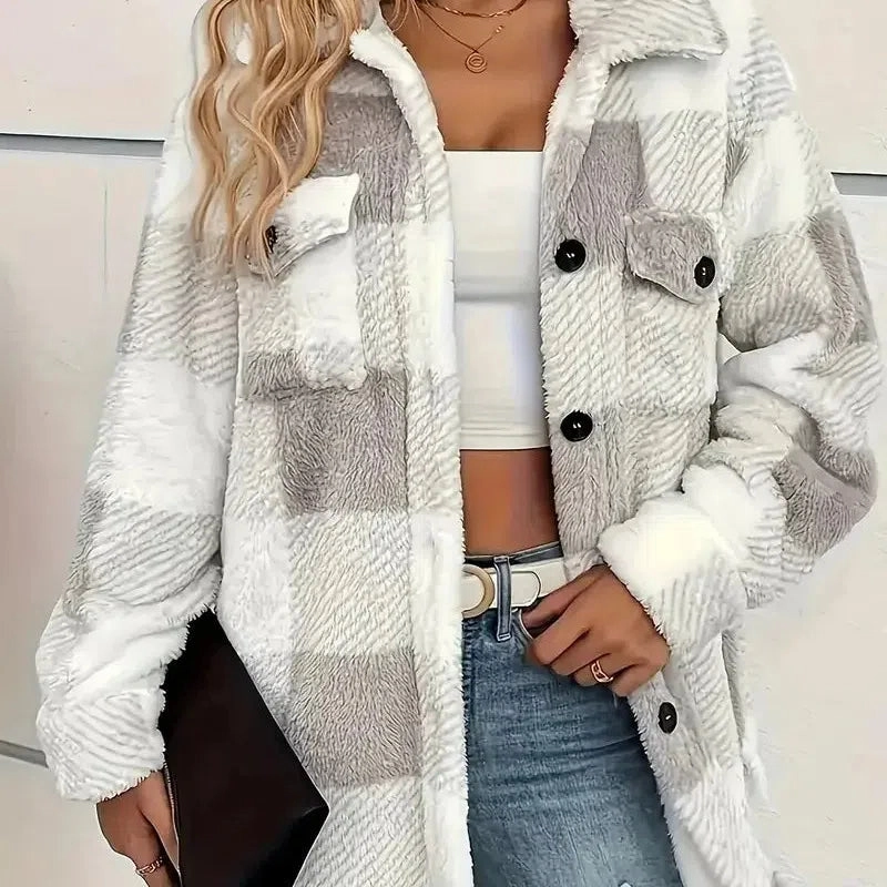 Europe and the United States Autumn and Winter Lapel Plaid Coat