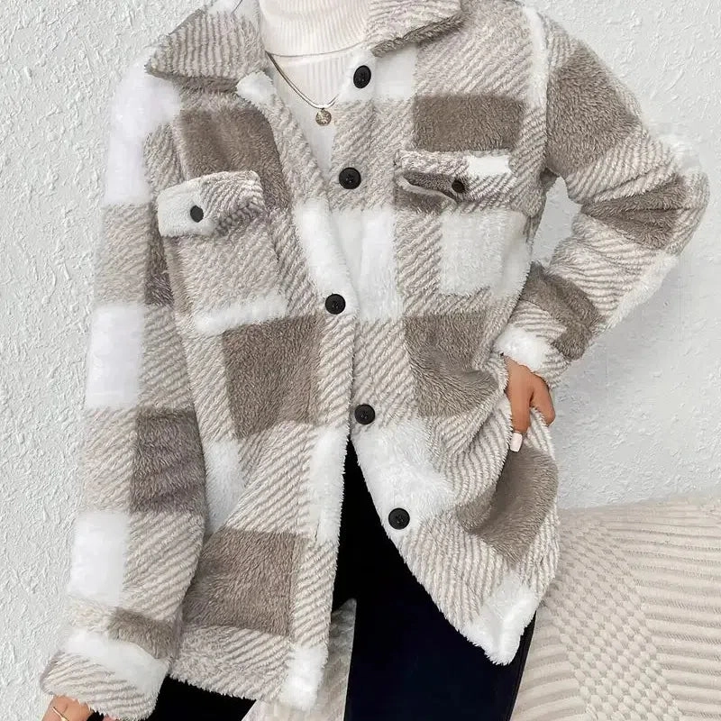 Europe and the United States Autumn and Winter Lapel Plaid Coat