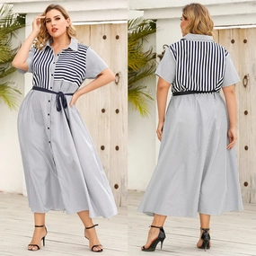 European and American Women's Clothing Summer Strappy Lapel Striped Short-Sleeved Dress