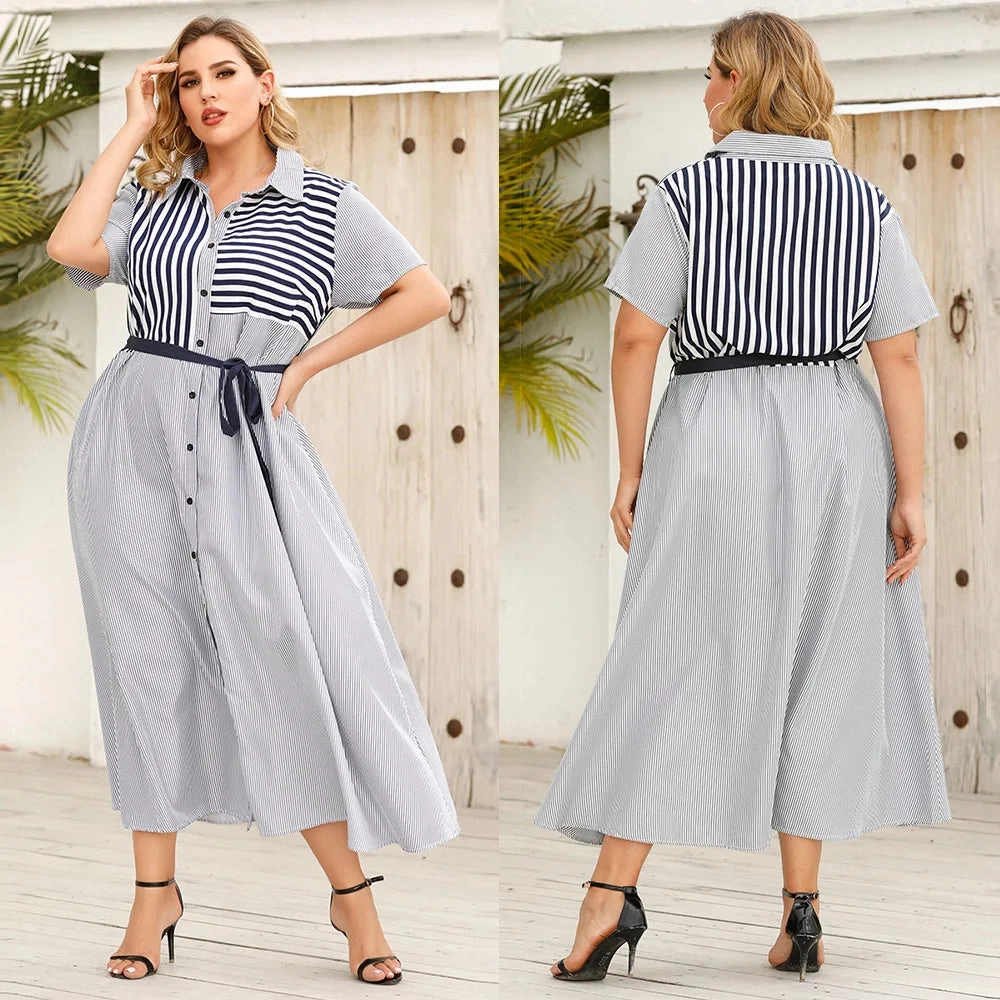 European and American Women's Clothing Summer Strappy Lapel Striped Short-Sleeved Dress