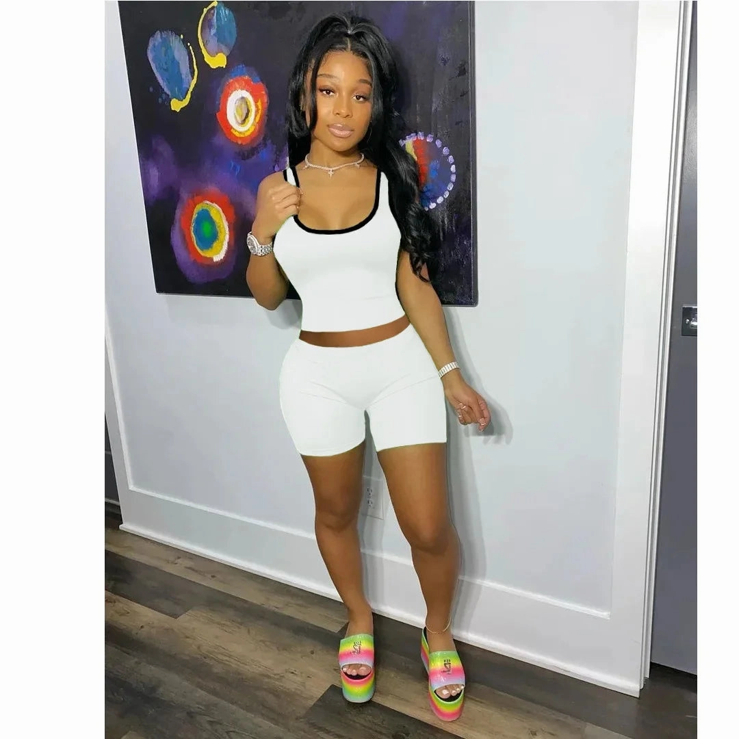 European and American Women??s Fashion Sexy Sports Tank Top and Shorts Set Slim Fit Solid Color Summer Casual Outfit