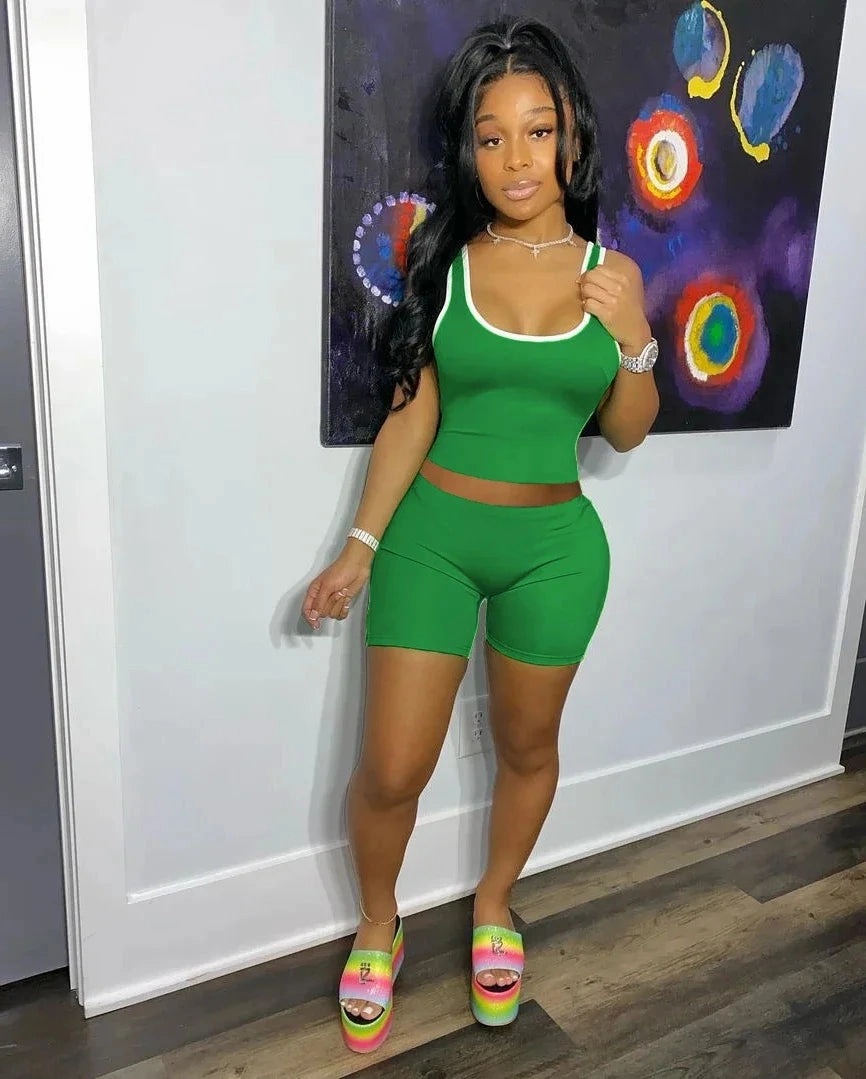 European and American Women??s Fashion Sexy Sports Tank Top and Shorts Set Slim Fit Solid Color Summer Casual Outfit