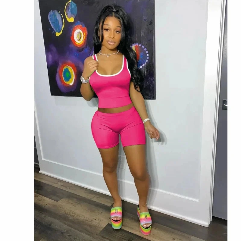 European and American Women??s Fashion Sexy Sports Tank Top and Shorts Set Slim Fit Solid Color Summer Casual Outfit