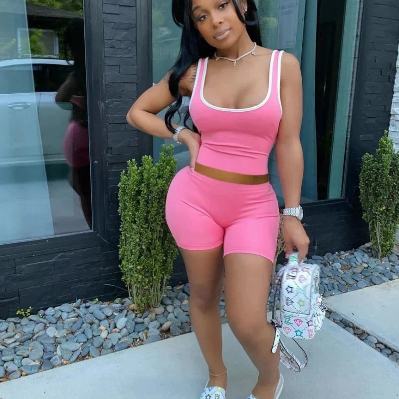 European and American Women??s Fashion Sexy Sports Tank Top and Shorts Set Slim Fit Solid Color Summer Casual Outfit