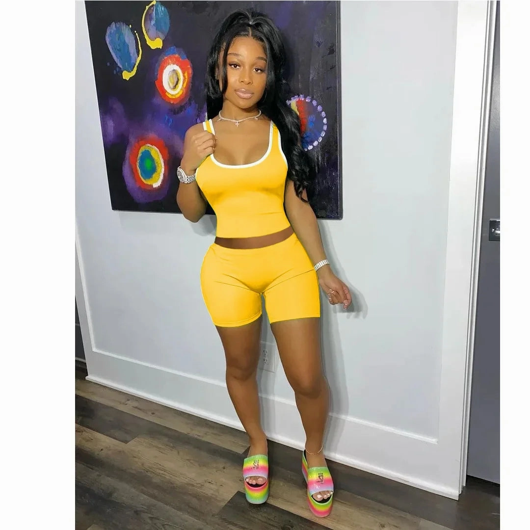 European and American Women??s Fashion Sexy Sports Tank Top and Shorts Set Slim Fit Solid Color Summer Casual Outfit