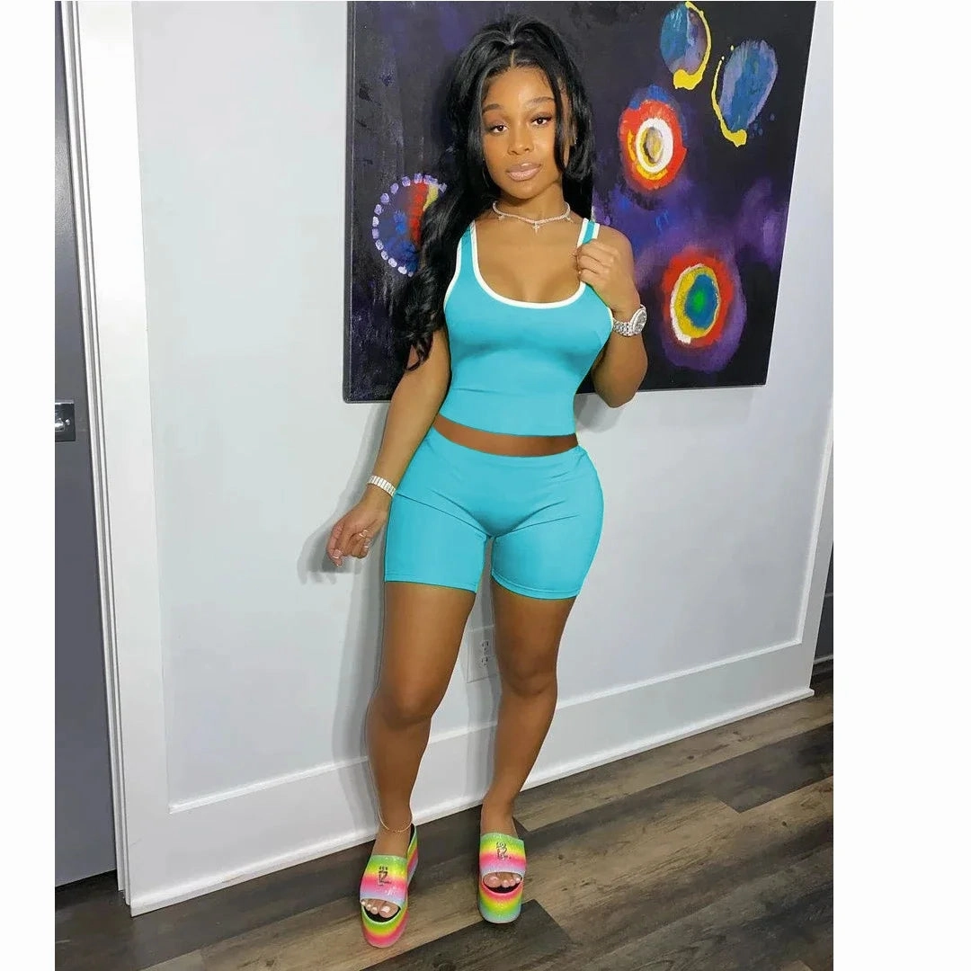 European and American Women??s Fashion Sexy Sports Tank Top and Shorts Set Slim Fit Solid Color Summer Casual Outfit