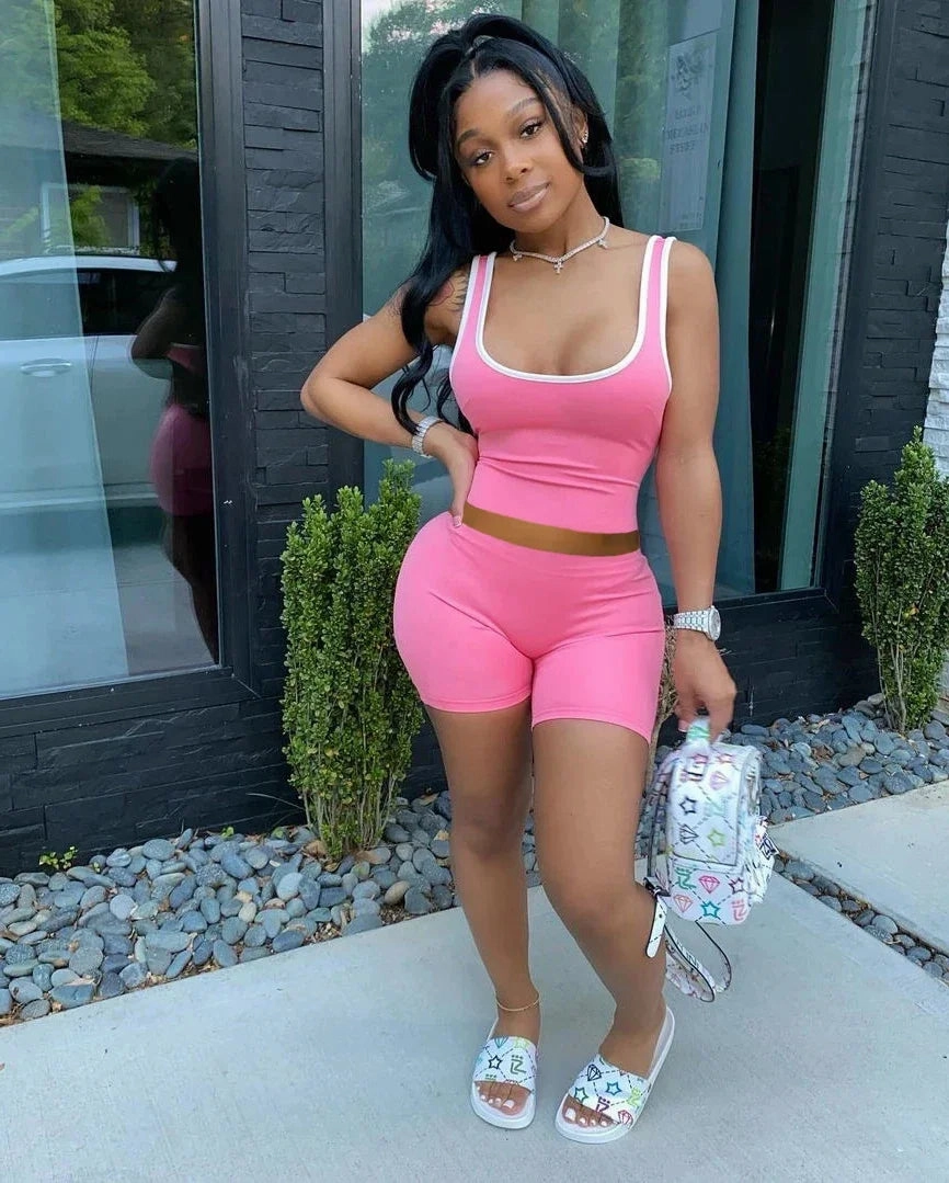 European and American Women??s Fashion Sexy Sports Tank Top and Shorts Set Slim Fit Solid Color Summer Casual Outfit