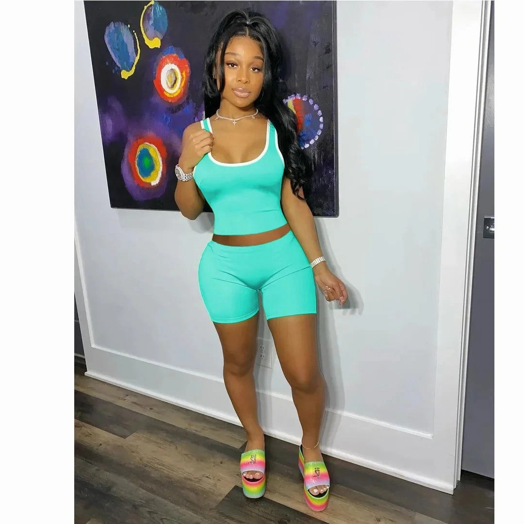 European and American Women??s Fashion Sexy Sports Tank Top and Shorts Set Slim Fit Solid Color Summer Casual Outfit