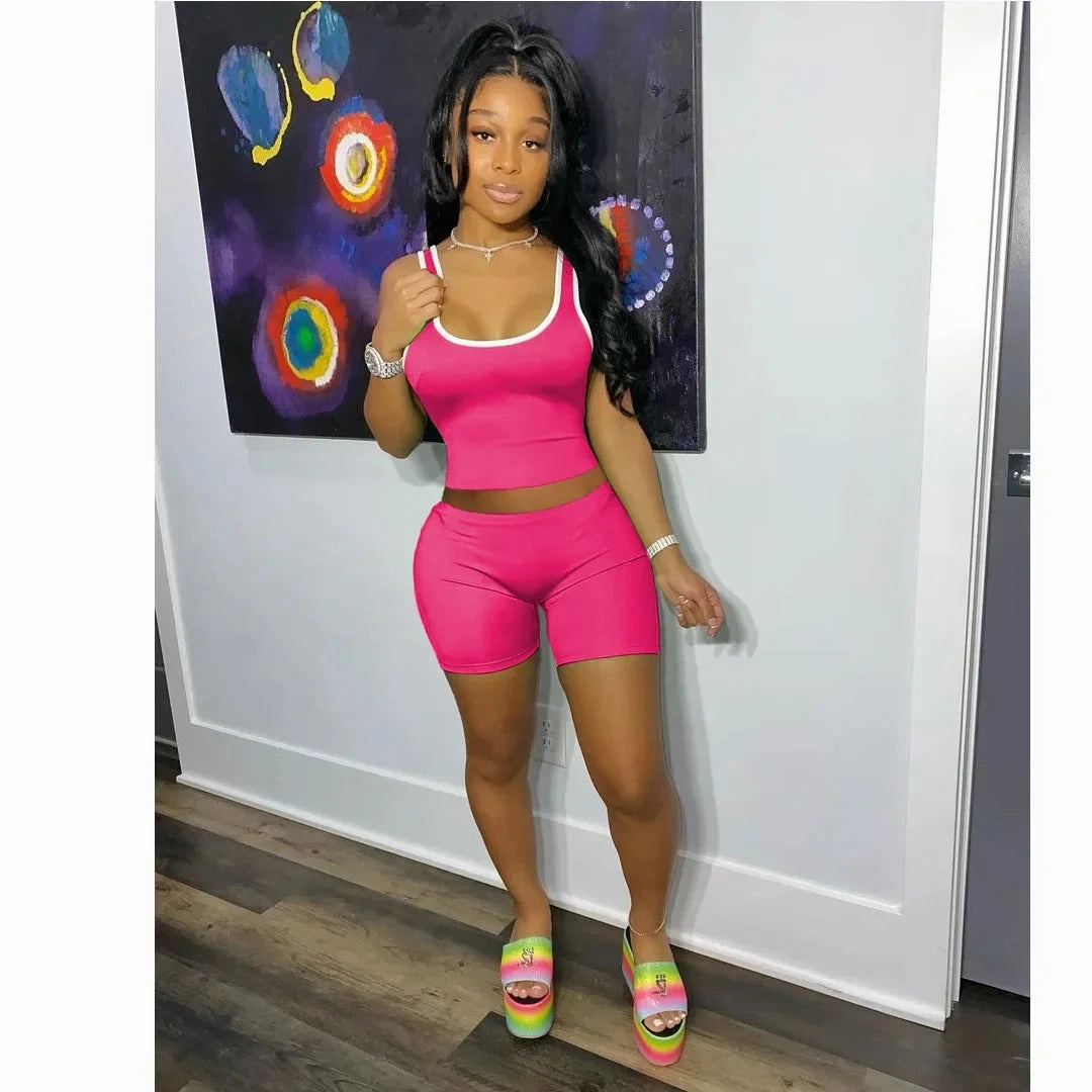 European and American Women??s Fashion Sexy Sports Tank Top and Shorts Set Slim Fit Solid Color Summer Casual Outfit