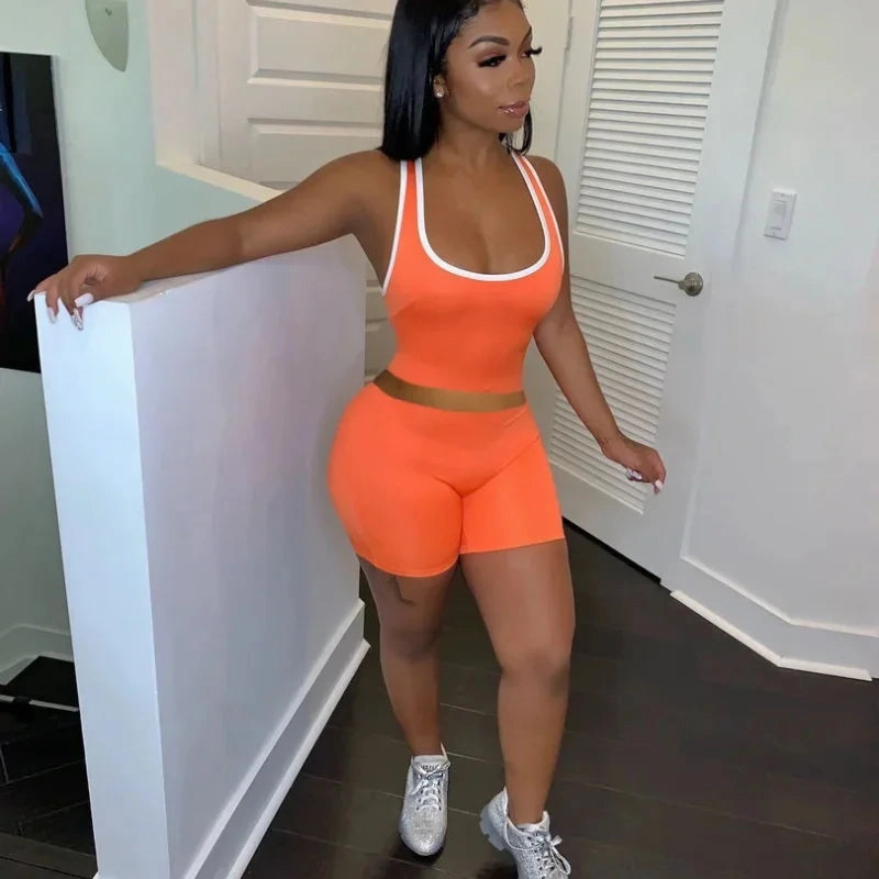 European and American Women??s Fashion Sexy Sports Tank Top and Shorts Set Slim Fit Solid Color Summer Casual Outfit