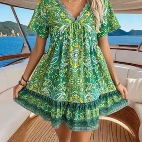 European and American Women's Spring and Summer V-neck Printed Dress