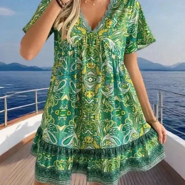 European and American Women's Spring and Summer V-neck Printed Dress